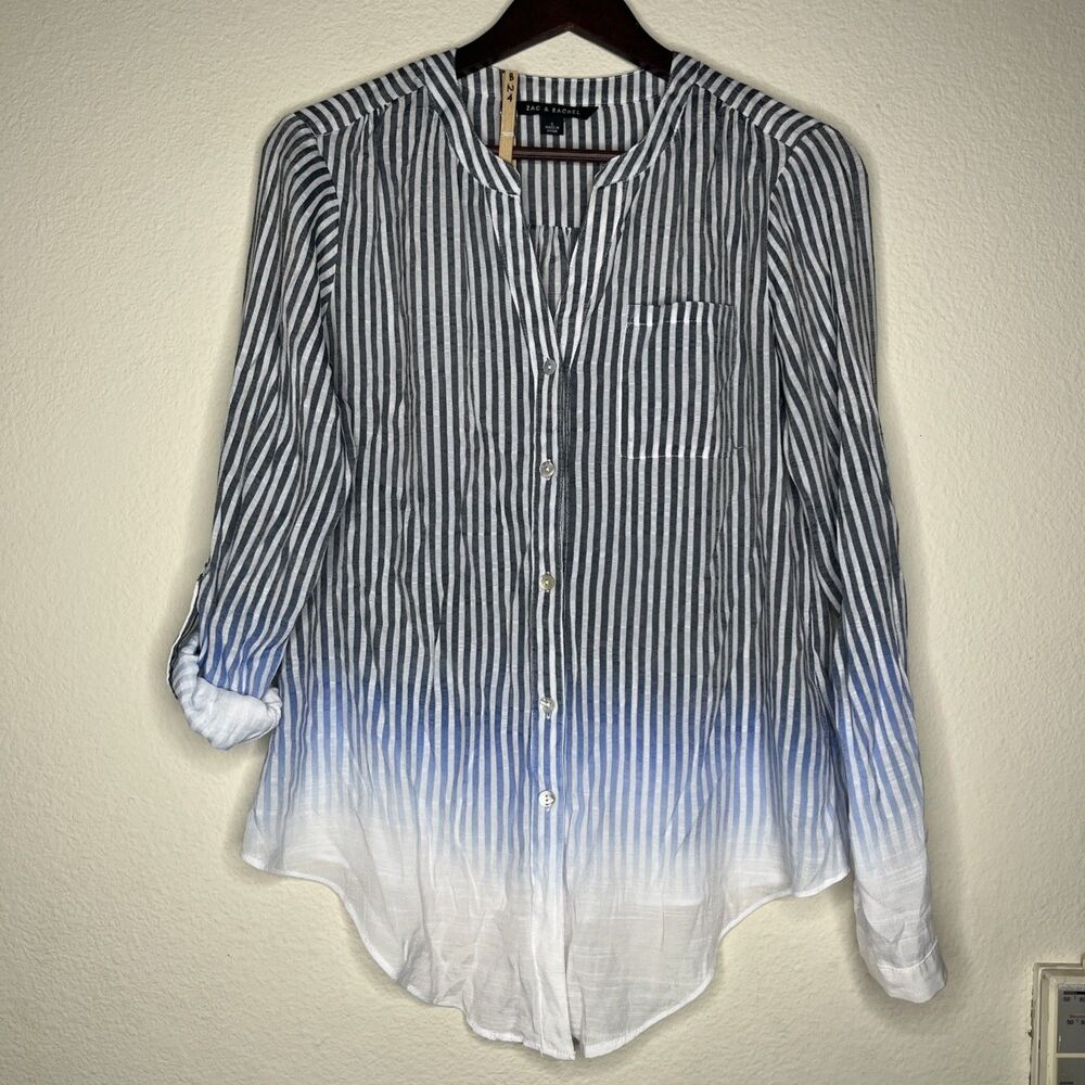 Zac & Rachel Tie Hem Roll Tab Sleeve V Neck Light Striped Button Up Shirt SZ S